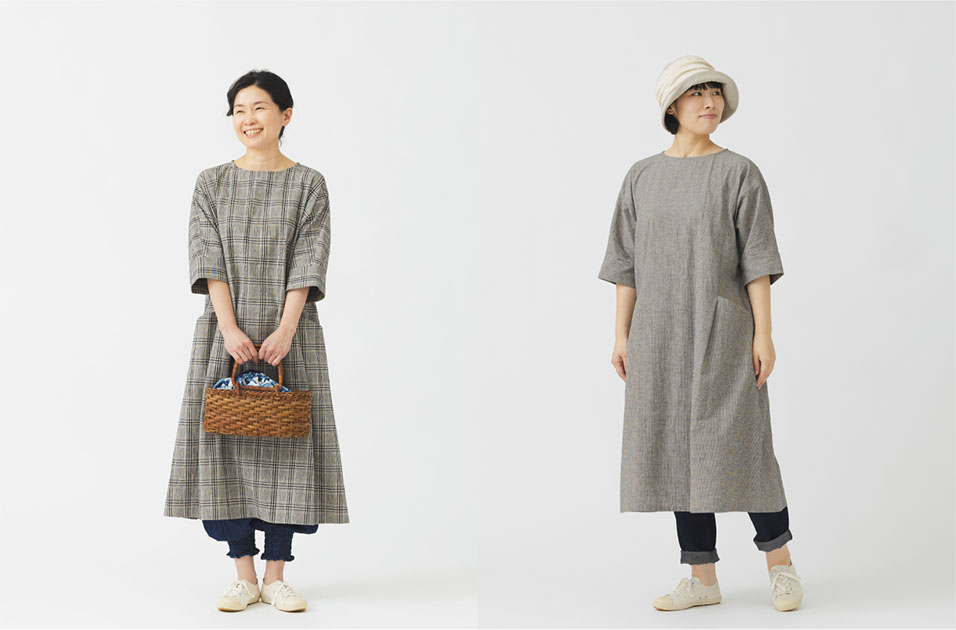 202404_2種類のチェックから選べるワンピース_綿麻チェック