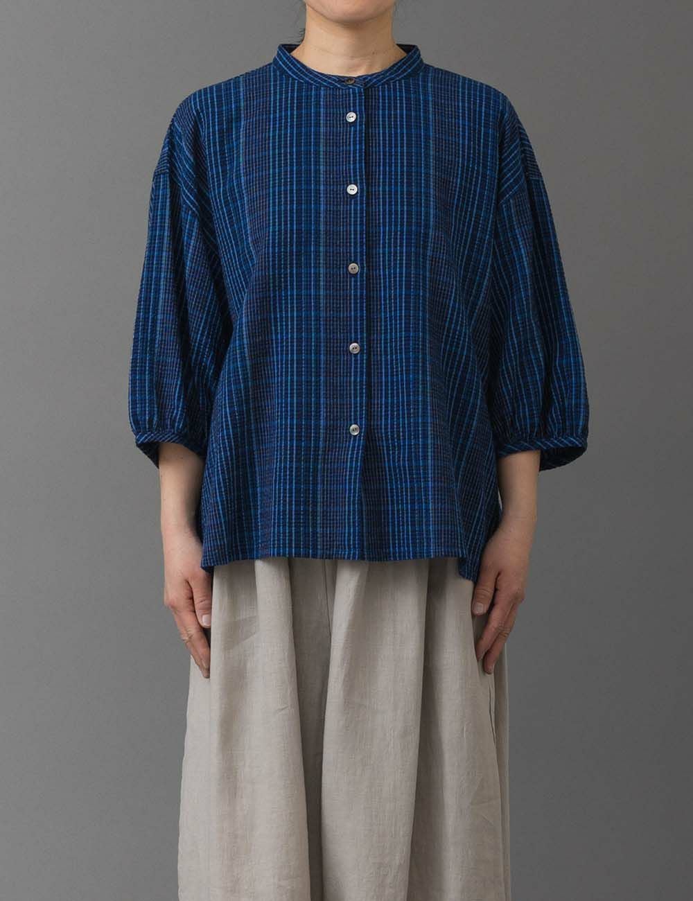 藍染しじら格子ブラウス水玉草（みずたまそう）