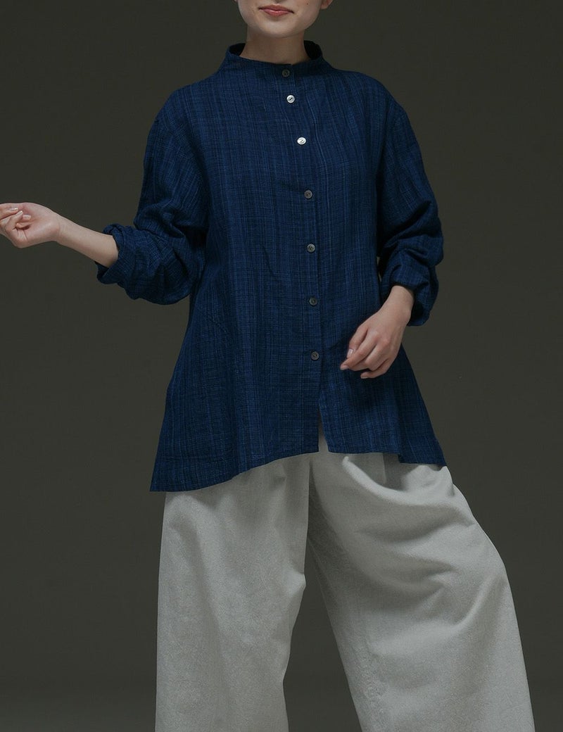 藍染綿麻雨絣ブラウス吾亦紅（われもこう）
