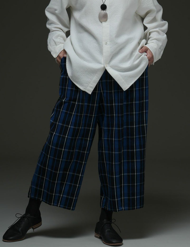 藍染チェックパンツ一葉萩（ひとつばはぎ）