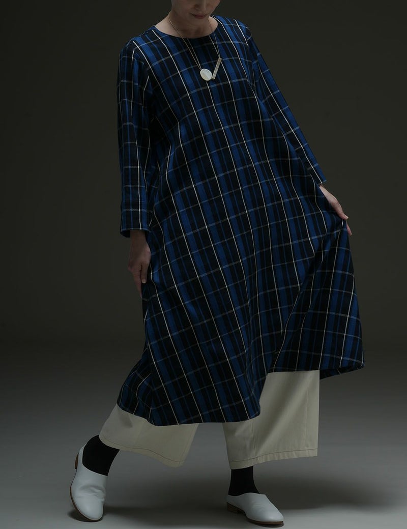 藍染チェックワンピース沢鵯（さわひよどり）