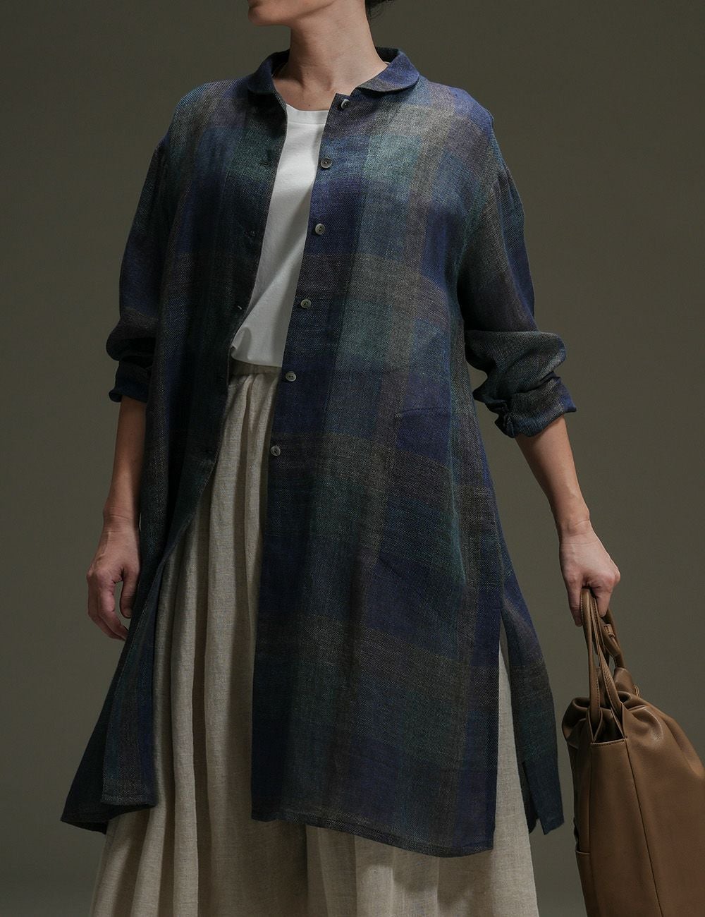 綿麻スペック染マス柄ブラウス未容柳（びようやなぎ）