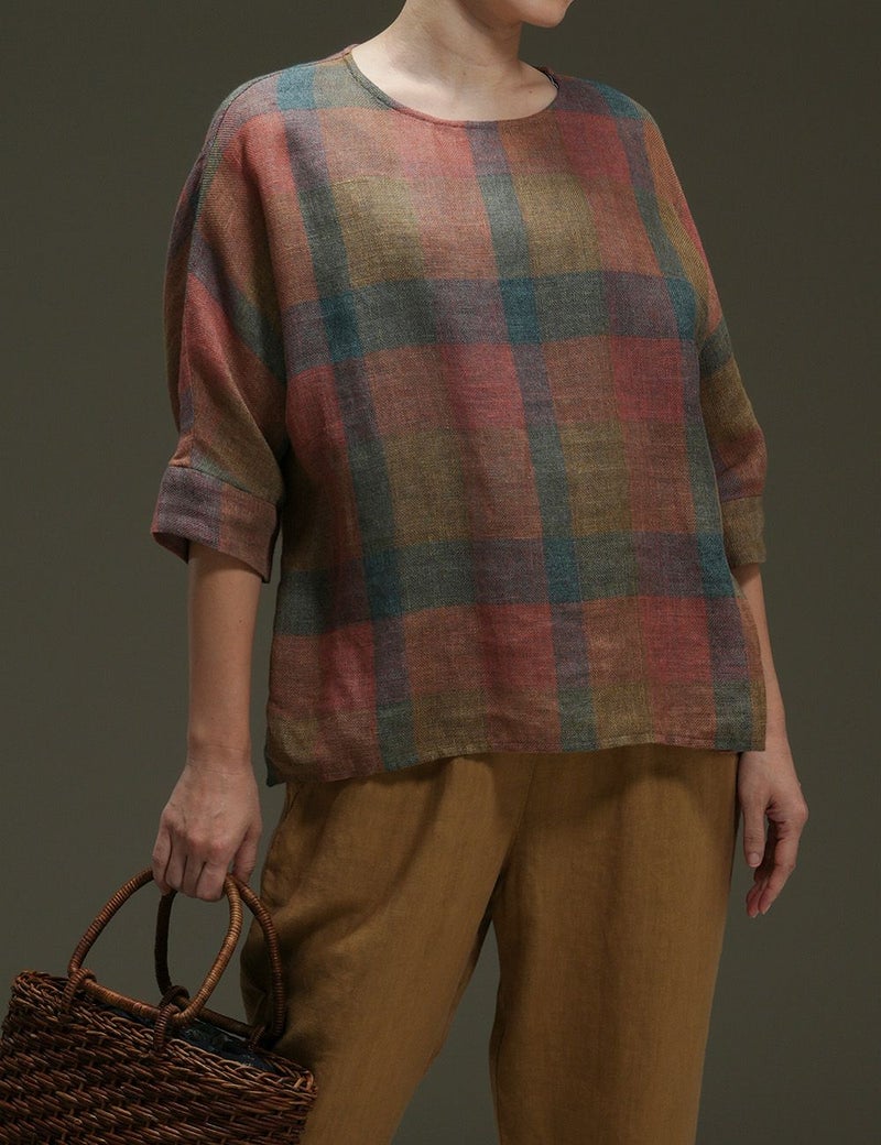 綿麻スペック染マス柄プルオーバー兎菊（うさぎぎく）