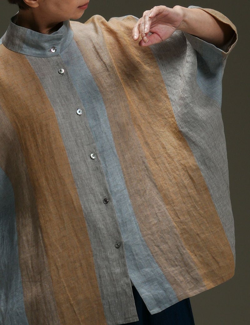 リネンルポワン染ストライプブラウス豆朝顔（まめあさがお）