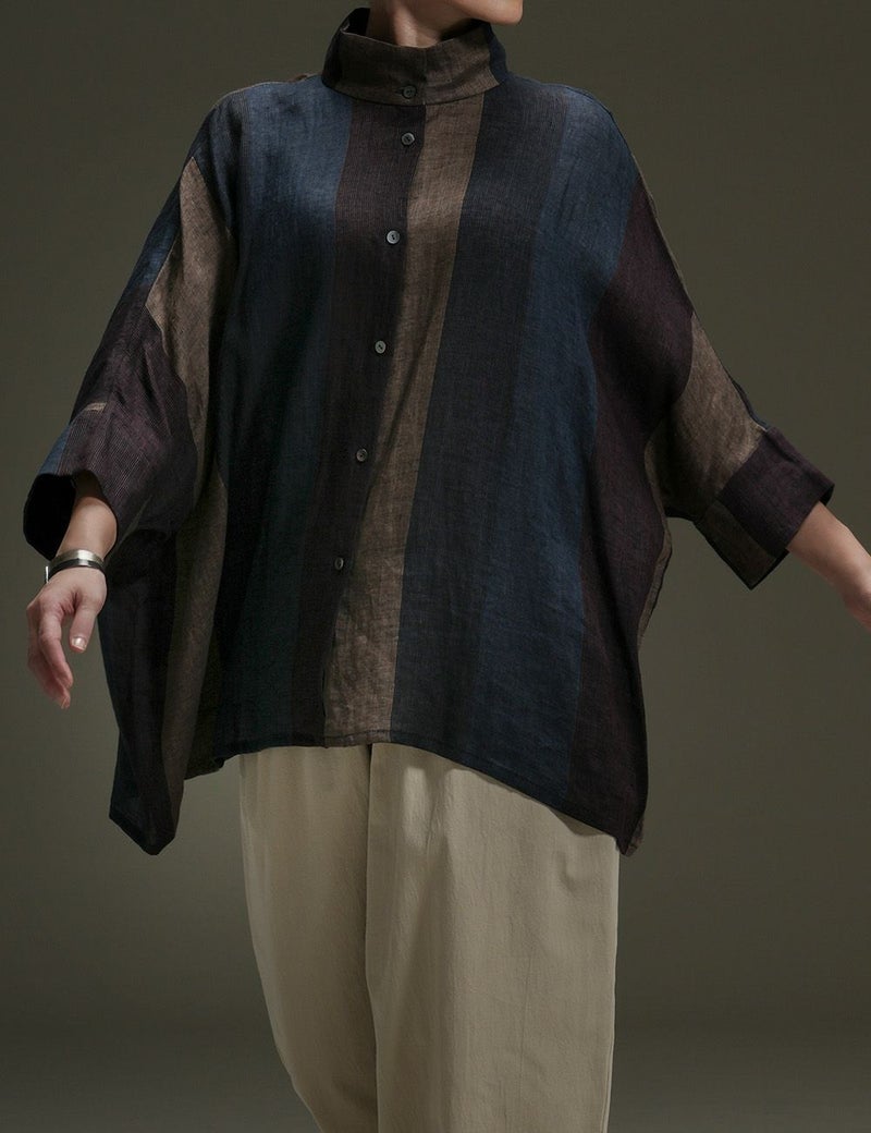 リネンルポワン染ストライプブラウス豆朝顔（まめあさがお）