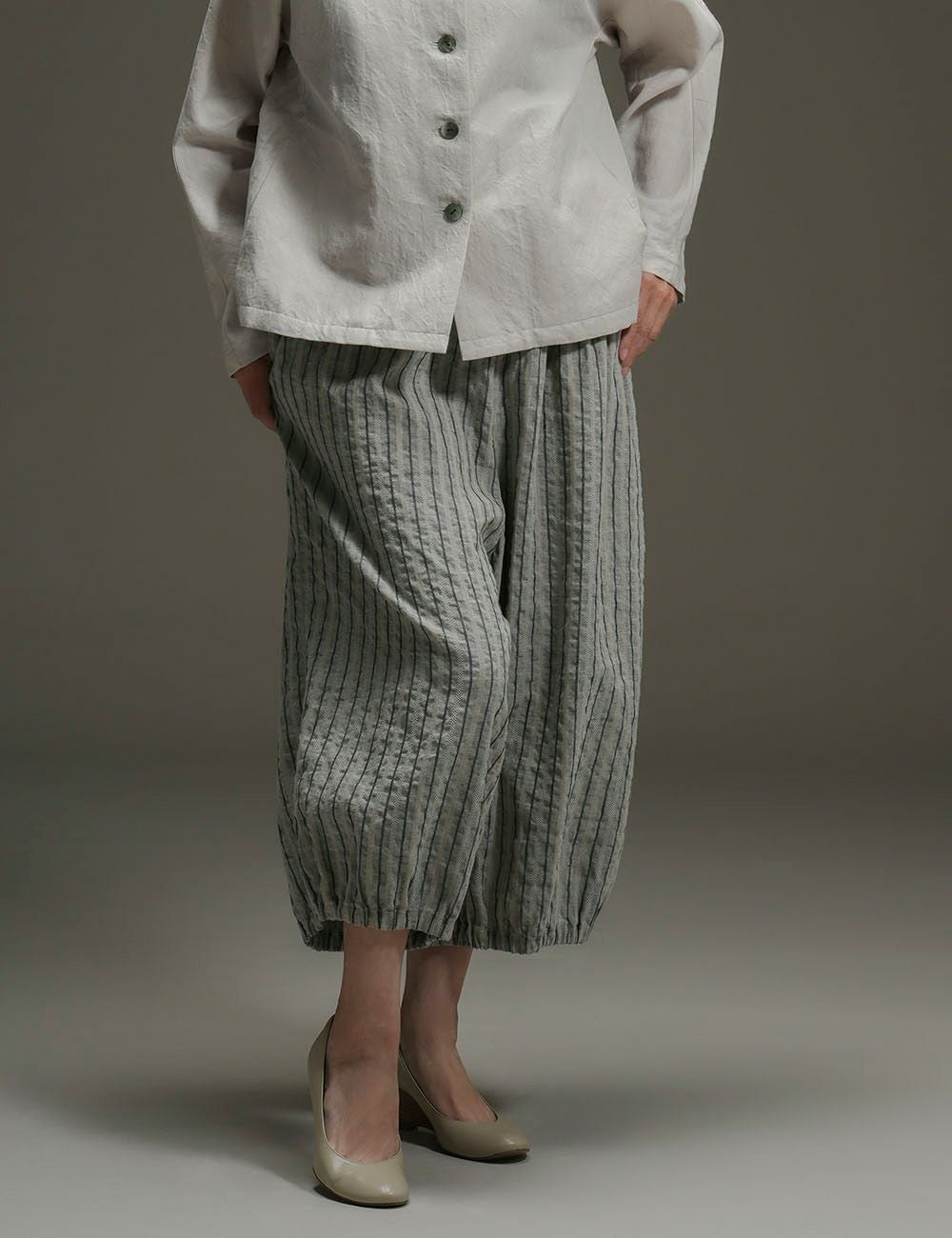 綿麻ドビーストライプパンツ林檎（りんご）