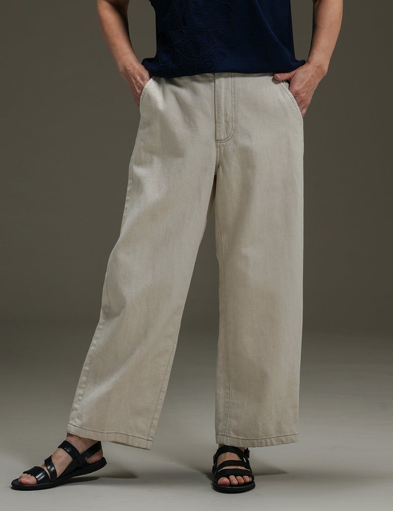 綿麻三綾デニムパンツ花生姜（はなしょうが）